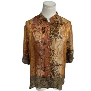 CITRON Silk Button Up Too Shirt Lightweight Orange Brown Floral Neutral Size L‎